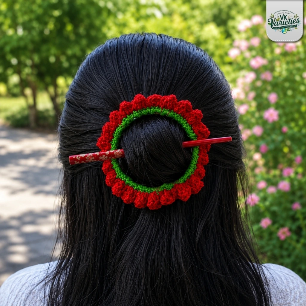 Handmade Crochet Decorative Hair Juda Accessory with Wooden Stick Pin.webp