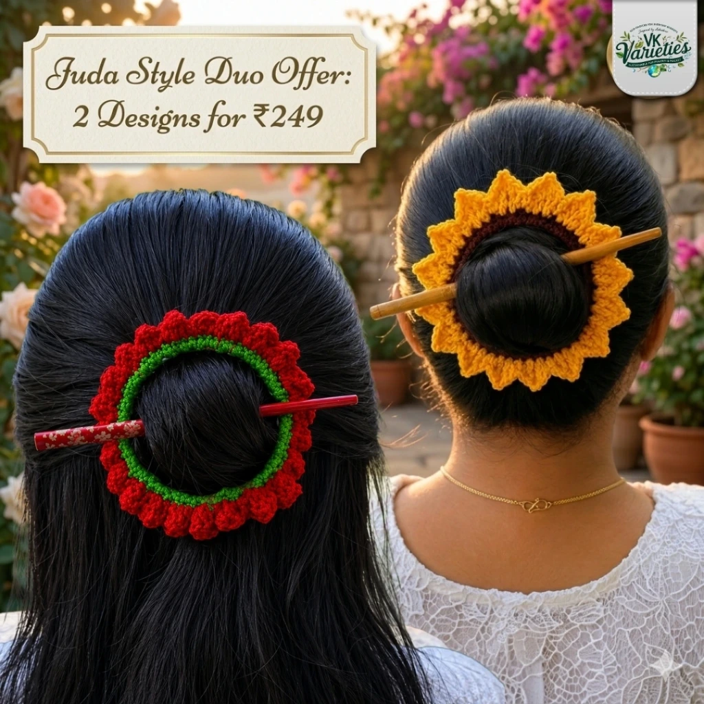 Handmade Crochet Decorative Hair Juda Accessory with Wooden Stick Pin | Hair Ornament & Hair Bun Holder for Women & Girls