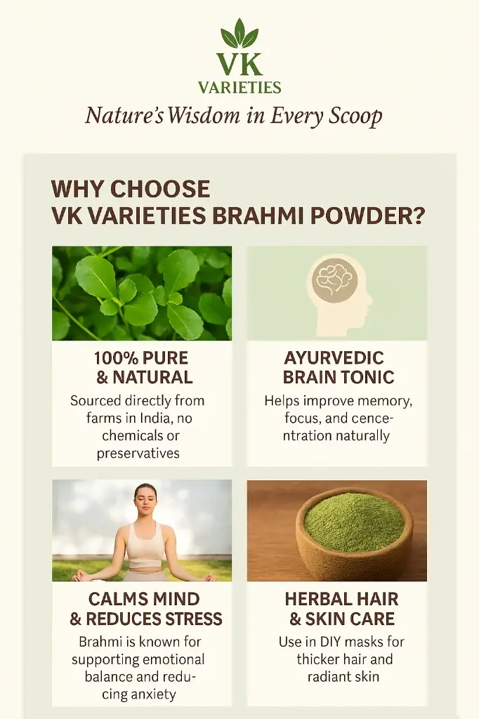 Organic Brahmi Powder – 100% Pure & Natural | Ayurvedic Brain Tonic for Memory, Focus & Stress Relief | Herbal Supplement for Hair & Skin | No Additives