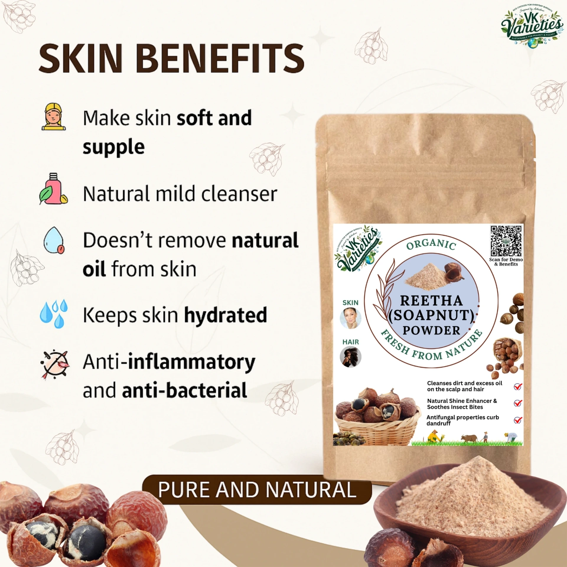 100% Natural Reetha Powder | Organic Soapnut Powder for Hair & Skin | Ayurvedic Hair Cleanser | Chemical-Free Shampoo Alternative | Reetha for Hair Growth & Scalp Care