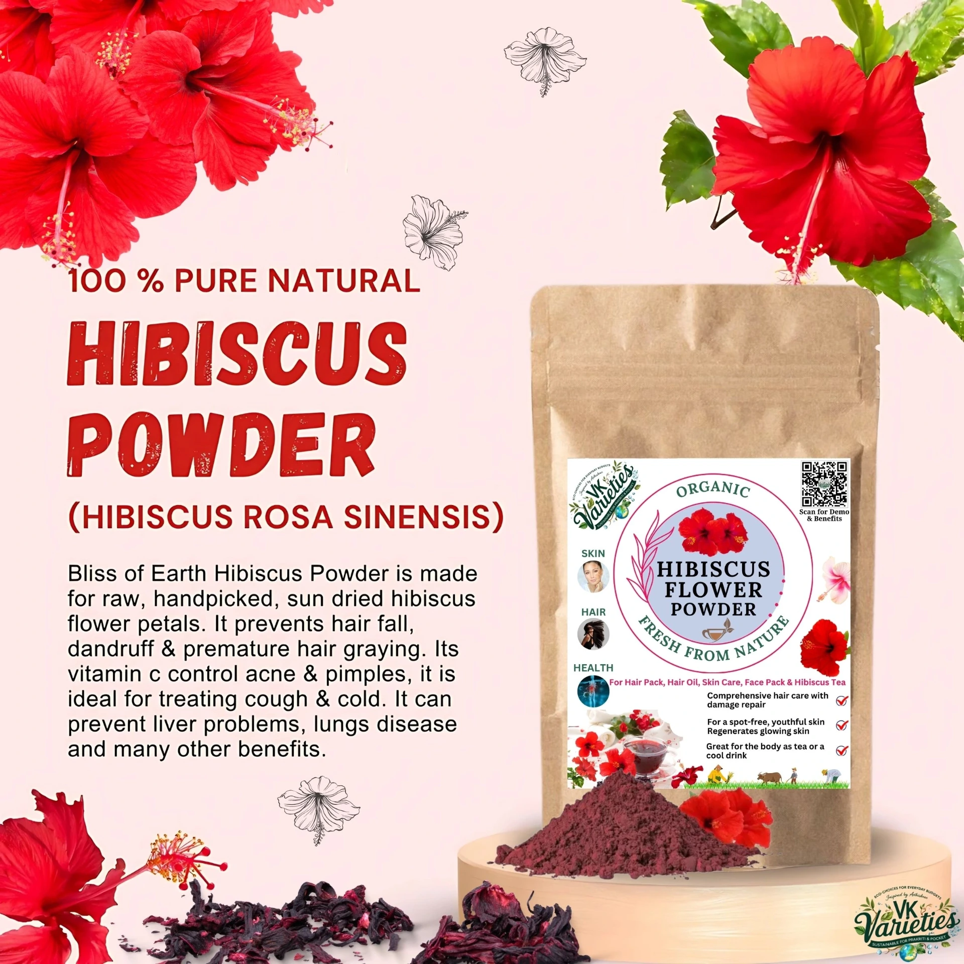 Organic Hibiscus Powder for Hair Growth & Skin Care – 100% Pure, Natural & Chemical-Free | Herbal Flower Powder for Face Pack, Hair Mask, Dandruff Control (60g)