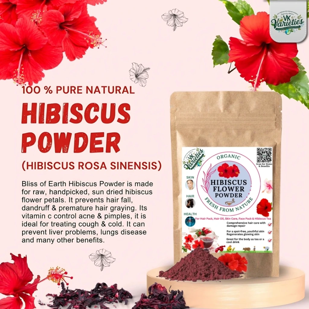 Organic Hibiscus Powder for Hair Growth & Skin Care – 100% Pure, Natural & Chemical-Free | Herbal Flower Powder for Face Pack, Hair Mask, Dandruff Control