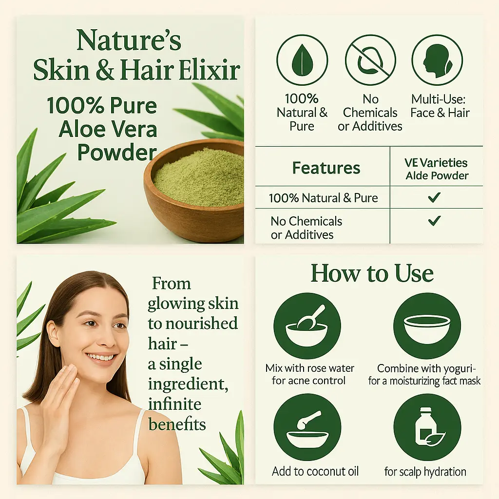 Pure Aloe Vera Powder | Organic Herbal Skin & Hair Care | For Face Pack, Hair Mask, Anti-Acne & Glowing Skin (60g)