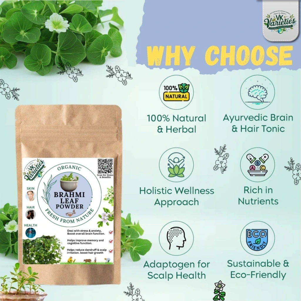 Organic Brahmi Powder – 100% Pure & Natural | Ayurvedic Brain Tonic for Memory, Focus & Stress Relief | Herbal Supplement for Hair & Skin | No Additives (60g)