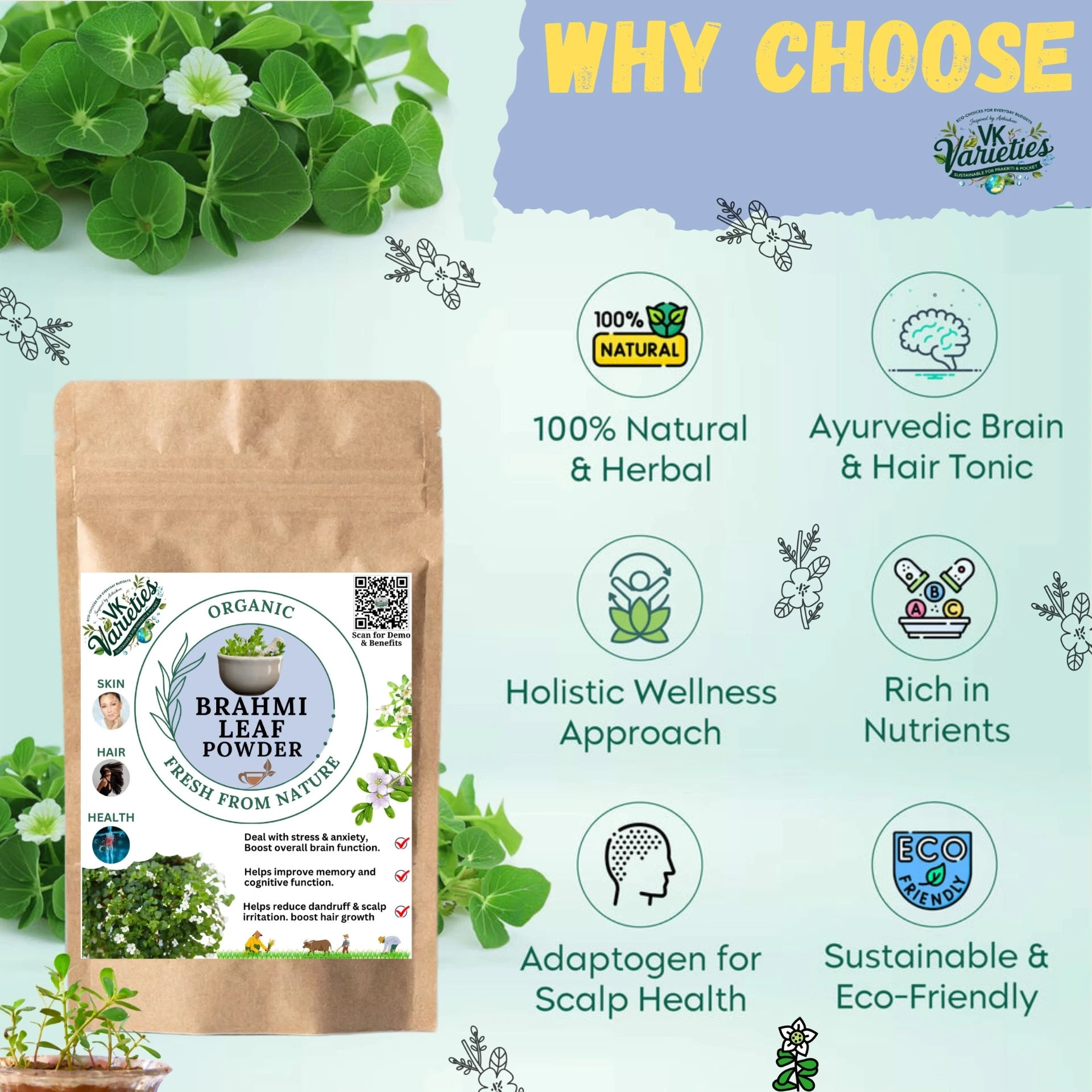 Organic Brahmi Powder – 100% Pure & Natural | Ayurvedic Brain Tonic for Memory, Focus & Stress Relief | Herbal Supplement for Hair & Skin | No Additives (60g)