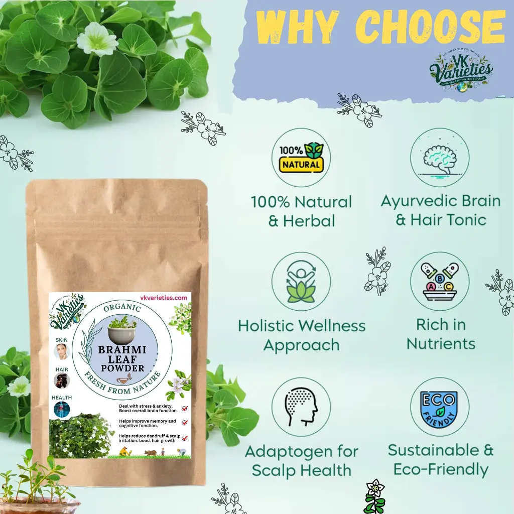 Organic Brahmi Powder – 100% Pure & Natural | Ayurvedic Brain Tonic for Memory, Focus & Stress Relief | Herbal Supplement for Hair & Skin | No Additives