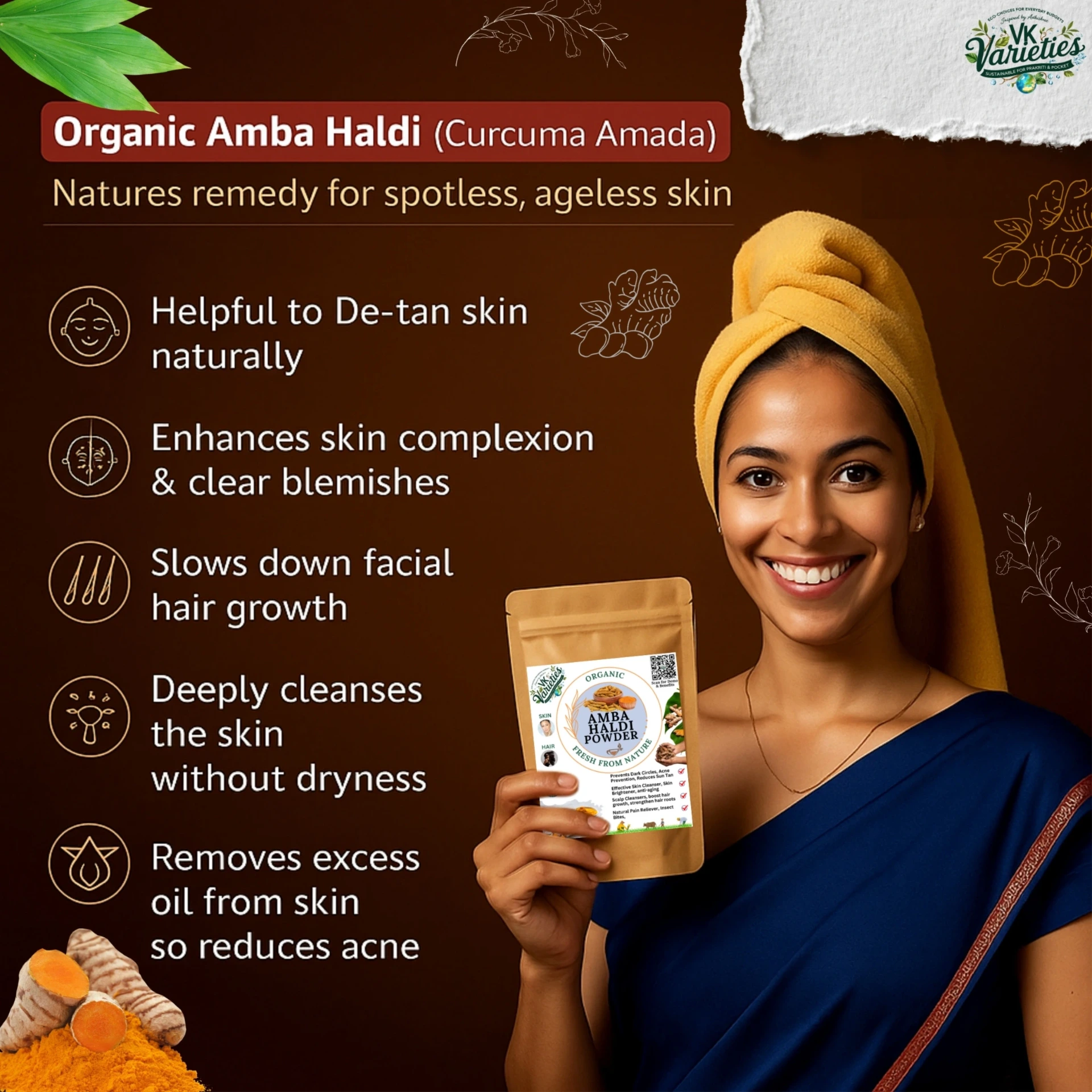 Pure Amba Haldi Powder | Wild Turmeric for Glowing Skin | Natural Herbal Haldi for Face Packs, Acne, Tan Removal & Skincare (60g)