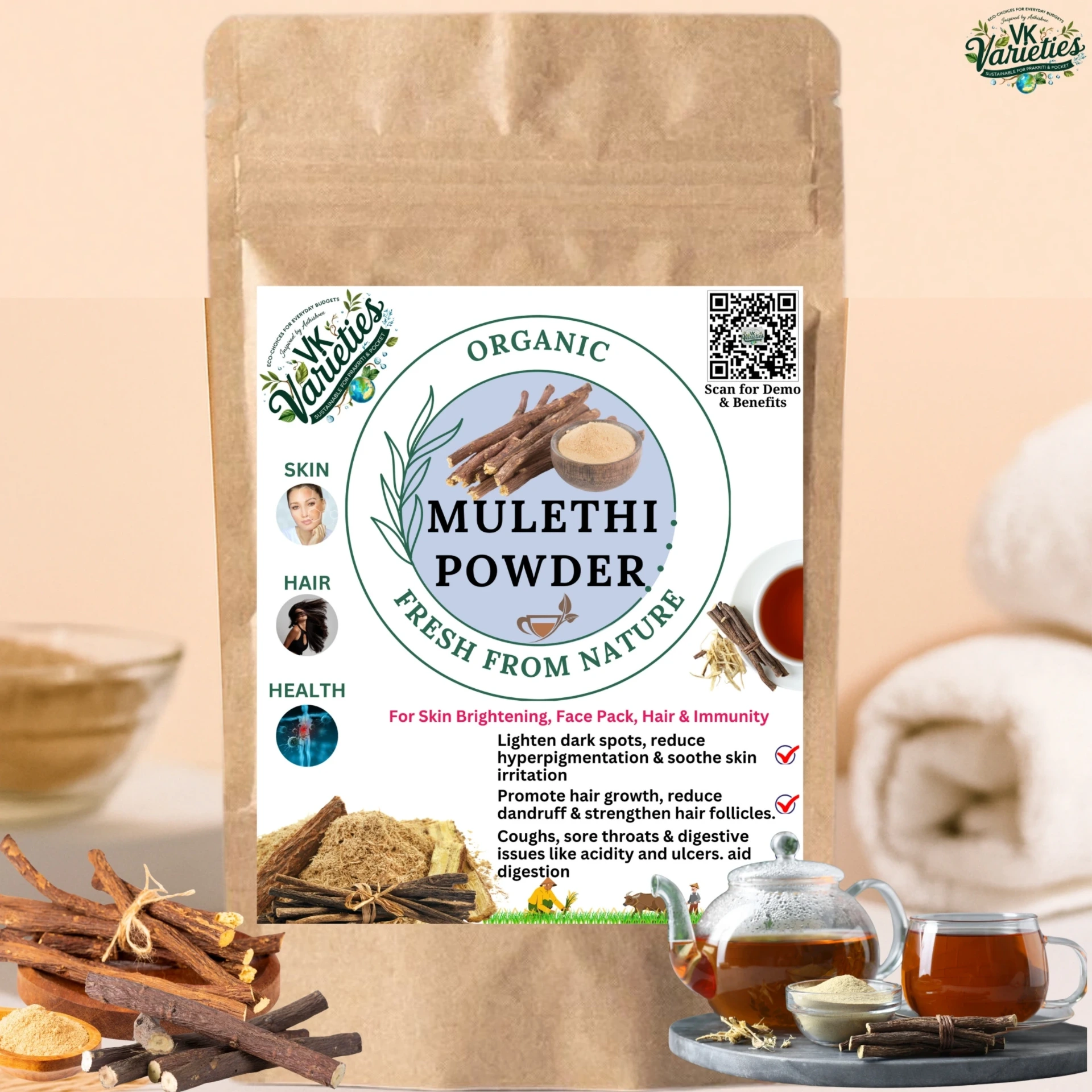 Pure Mulethi Powder | 100% Natural Licorice Root | Ayurvedic Skin Brightener & Hair Conditioner (60g)
