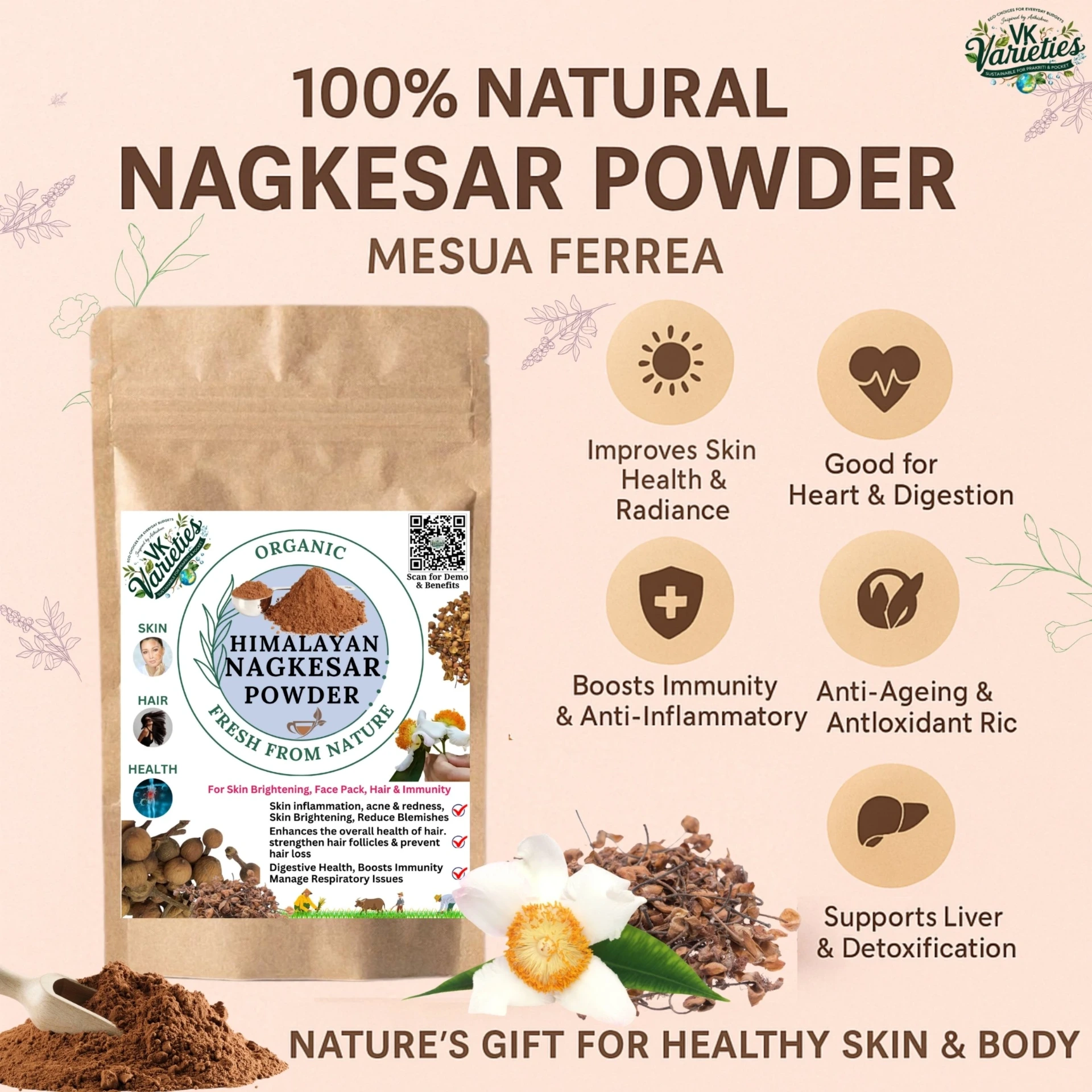 Himalayan Jadibutti Pure Nagkesar Powder | 100% Natural & Ayurvedic | Skin Brightener & Natural Astringent (60g)