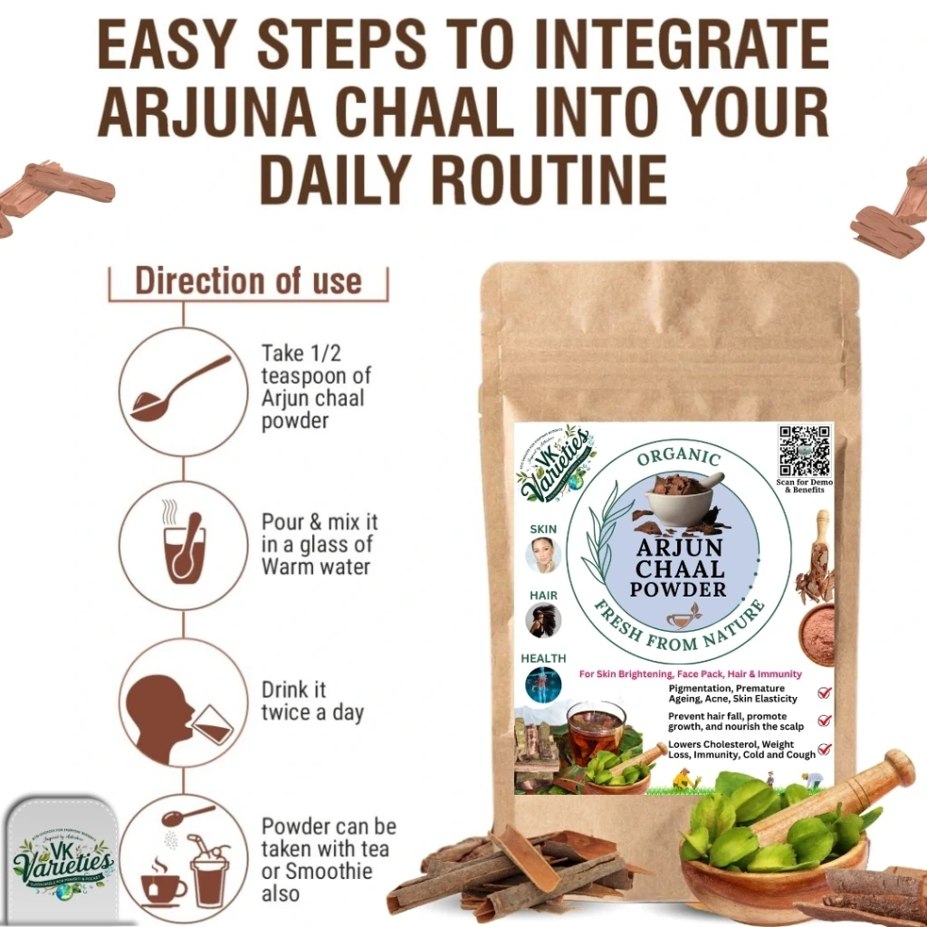 Pure Arjun Chaal Powder | 100% Natural Terminalia Arjuna Bark | Ayurvedic Heart & Skin Wellness Herb (60g)