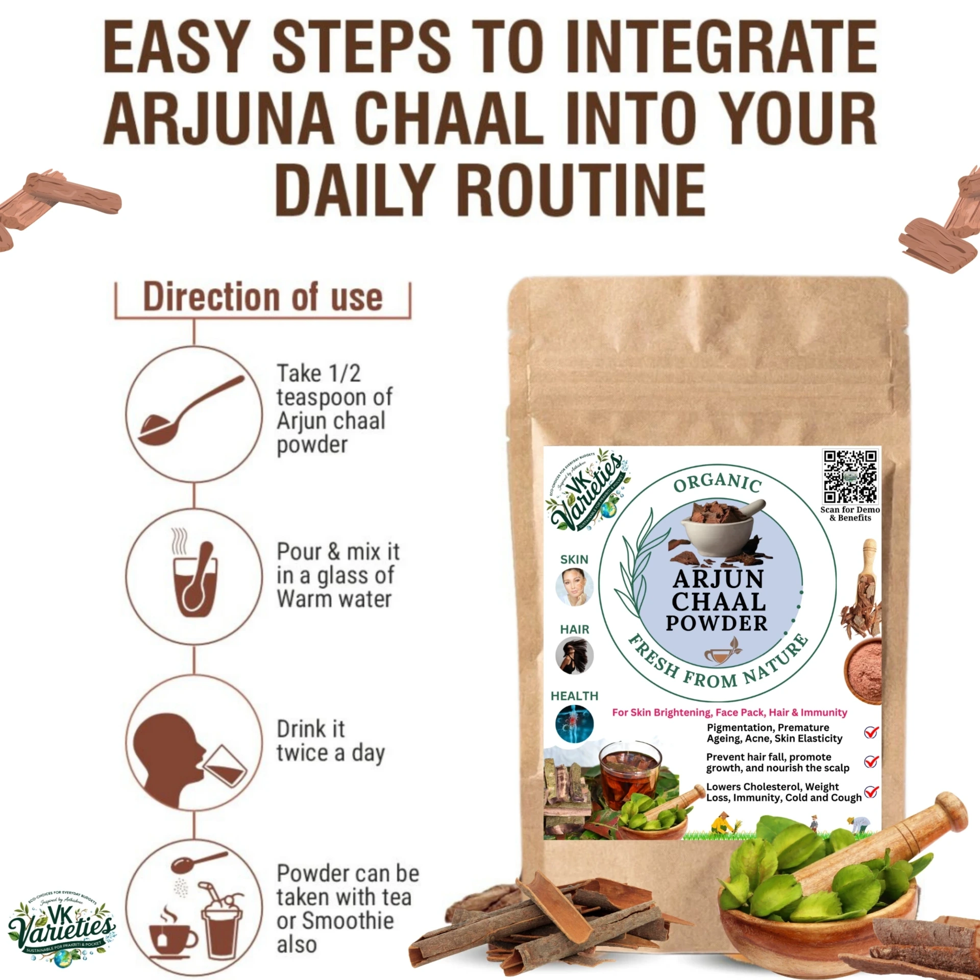 Pure Arjun Chaal Powder | 100% Natural Terminalia Arjuna Bark | Ayurvedic Heart & Skin Wellness Herb (60g)