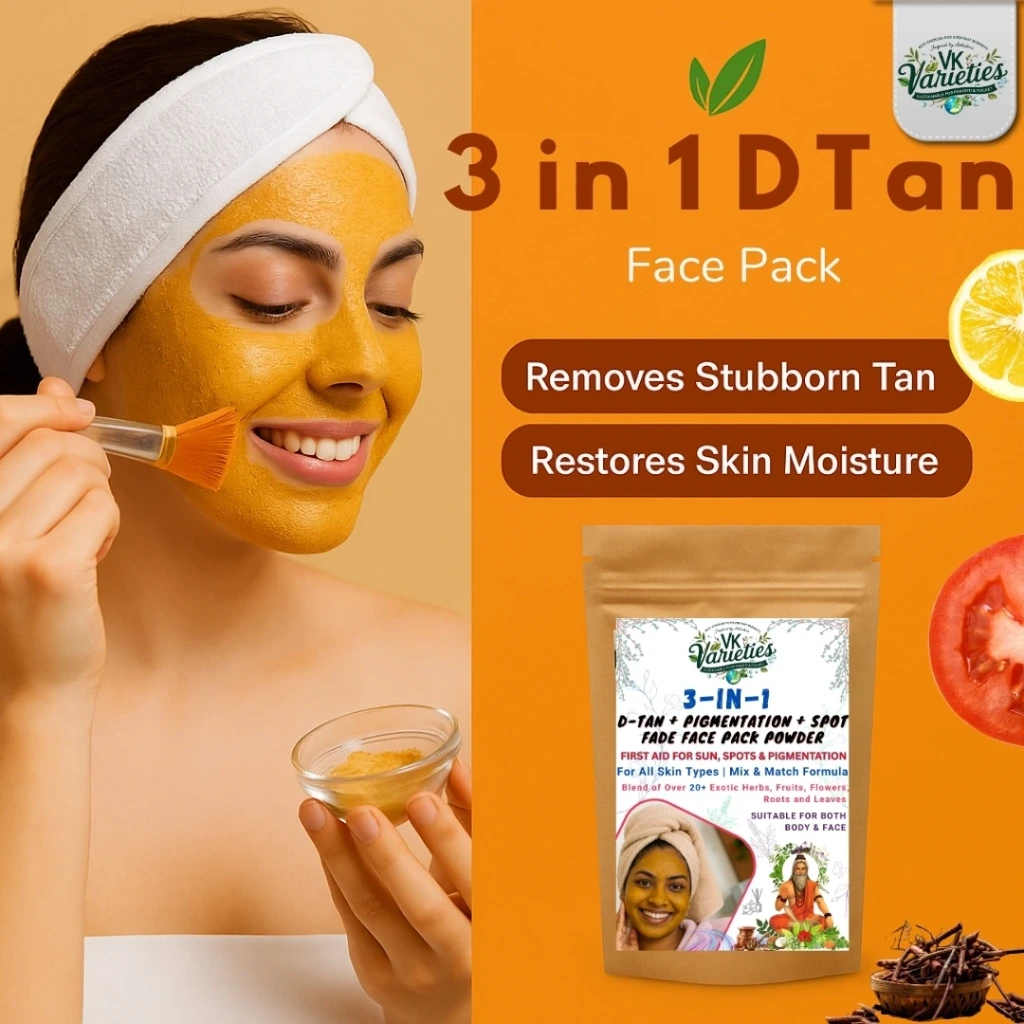 Natural 3-in-1 Ayurvedic D-Tan + Pigmentation + Spot Fade Face Pack | Natural Herbal Powder for Tan Removal, Glow & Post-Pregnancy Pigmentation | Face & Body Use (60g)