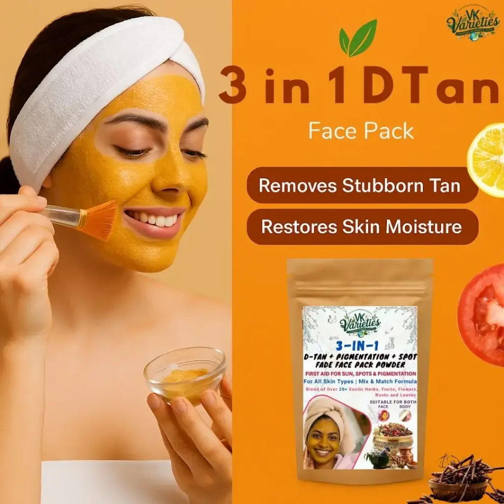 Natural 3-in-1 Ayurvedic D-Tan + Pigmentation + Spot Fade Face Pack | Natural Herbal Powder for Tan Removal, Glow & Post-Pregnancy Pigmentation | Face & Body Use (60g)