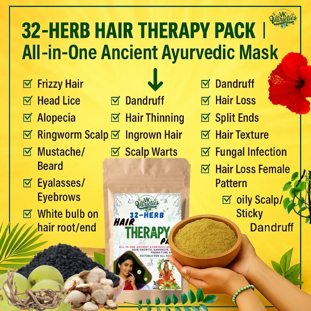  32-Herb Hair Therapy Pack | All-in-One Ancient Ayurvedic Mask for Hair Growth, Dandruff, Frizz Control & Premature Greying (60g)