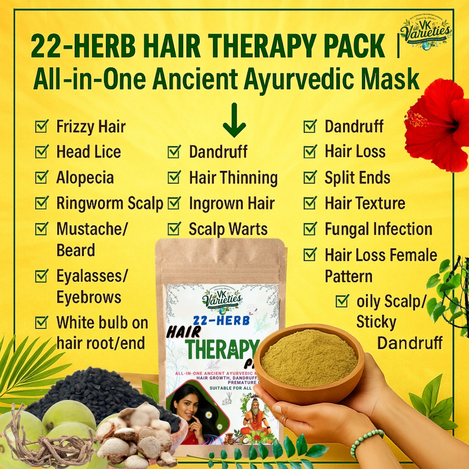 22-Herb Hair Therapy Pack | All-in-One Ancient Ayurvedic Mask for Hair Growth, Dandruff, Frizz Control & Premature Greying (60g)