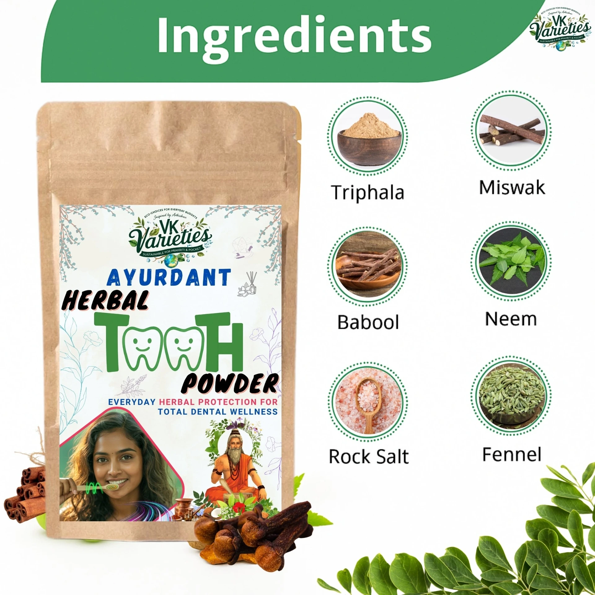 Ayurdant Herbal Tooth Powder | Ayurvedic and Natural All-in-One Oral Care | For Strong Teeth & Healthy Gums | 100% Natural & Fluoride-Free (60g)