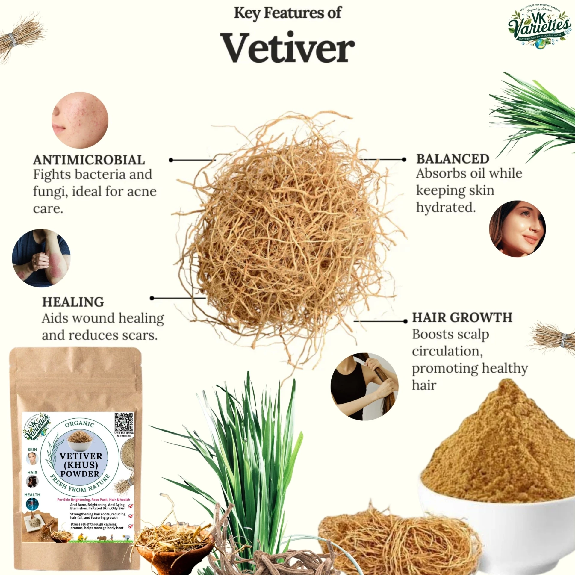 Organic Vetiver (Khus) Root Powder | Natural Skin Cooling, Tan Removal & Heat Relief | Skin Soothing, Hair Strengthening & Body Cooling (60g)