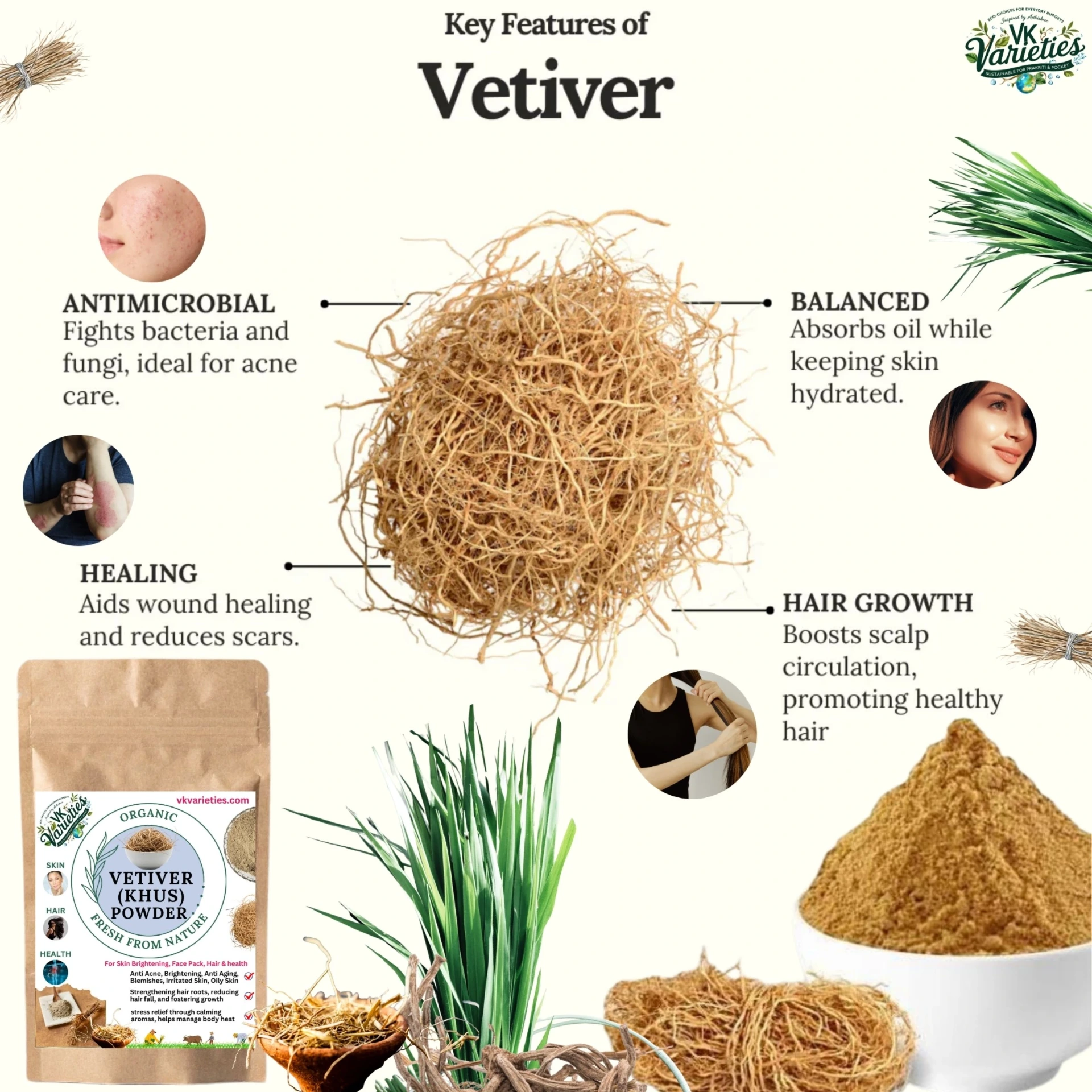 Organic Vetiver (Khus) Root Powder | Natural Skin Cooling, Tan Removal & Heat Relief | Skin Soothing, Hair Strengthening & Body Cooling