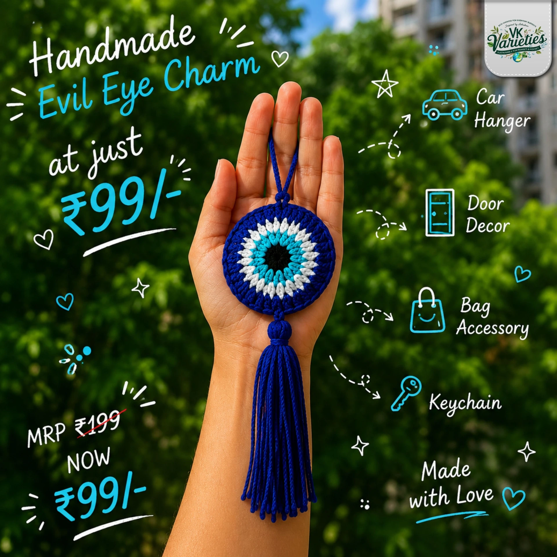 ProtectaCharm Evil Eye – Handmade Crochet Car & door Hanger for Positive & Aesthetic Vibes