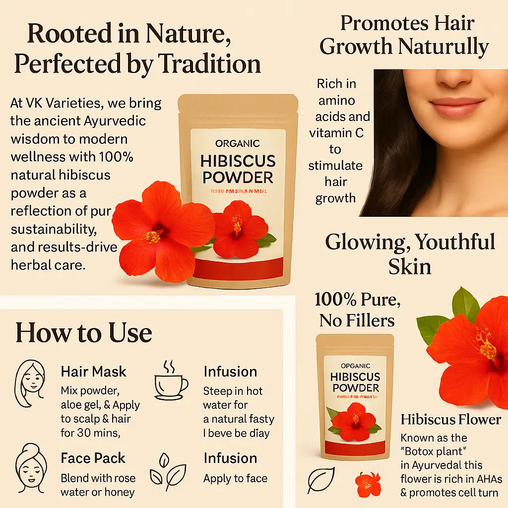 Organic Hibiscus Powder for Hair Growth & Skin Care – 100% Pure, Natural & Chemical-Free | Herbal Flower Powder for Face Pack, Hair Mask, Dandruff Control
